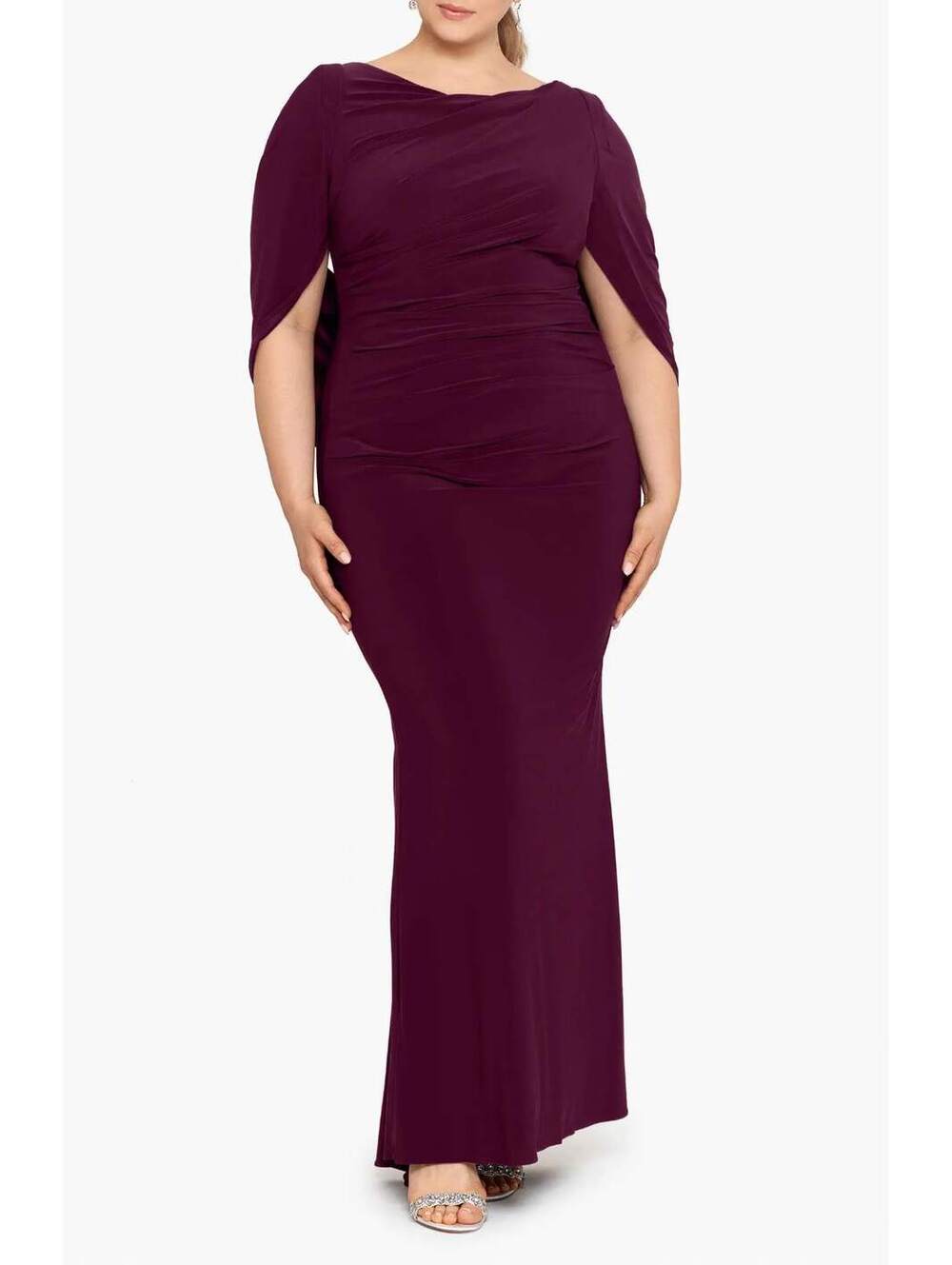 Betsy & Adam NWT Plum Wine Cape Sleeve Jersey Gown Size 14W Formal Evening GALA